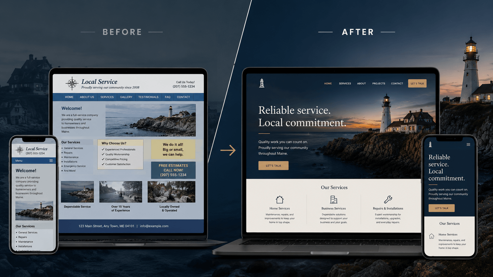 Generated before-and-after concept mockup for an outdated local service website redesign