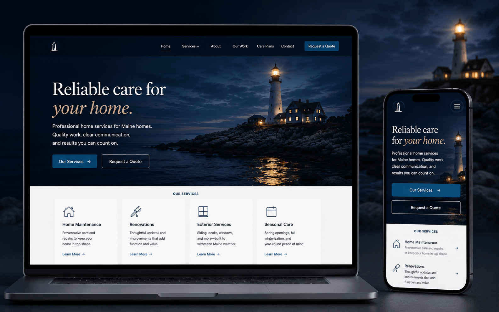 Generated demo mockup of a local service website shown on laptop and mobile screens